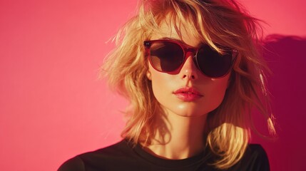 Magnificent Blonde Woman in Sunglasses on Pink Background