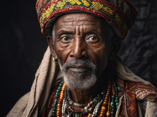 Fototapeta premium A striking portrait of an elderly Ethiopian man with deep-set eyes, wearing traditional attire and cultural adornments. Generative AI
