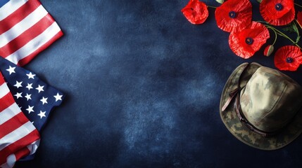 Honor and remembrance with American symbols on navy blue background. Generative AI