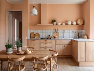 Fototapeta premium Light Wood Kitchen With Peach Walls And Wooden Table
