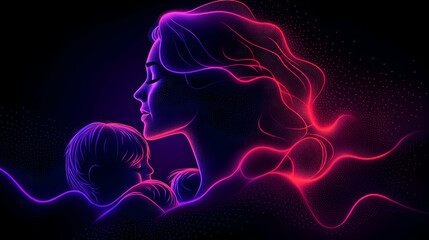 Mother and Child Neon Portrait, Peaceful Night, Love, Family, Stock Photo