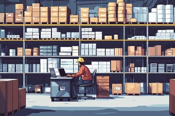 An organized logistics hub showcases a warehouse worker attentively checking inventory on a laptop, with systematically arranged goods and logistical processes ensuring efficient operations.

