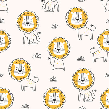 Cute lion childish seamless pattern suitable for wrapping paper, t-shirt, printing, packaging, fabric, postcard, clothing and others
