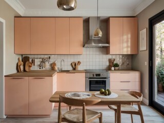 Fototapeta premium Modern Peach Kitchen With Wooden Dining Table