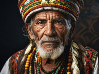 Fototapeta premium A striking portrait of an elderly Brazilian man in traditional attire, adorned with colorful beads and a majestic headdress, exuding wisdom and cultural heritage. Generative AI