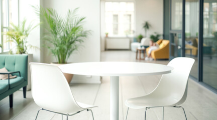 Fototapeta premium two white chairs and a round table in a bright minimalist interior