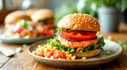 close-up of a delicious salmon burger on a sesame seed bun with tomato and lettuce