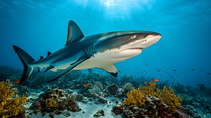 Fototapeta premium Ocean shark swimming coral reef sunlit background underwater wildlife nature
