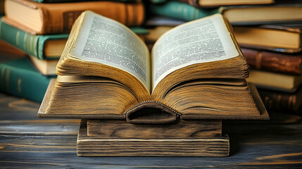 Obraz premium Open antique book on stand, books stacked, wooden table, reading, library