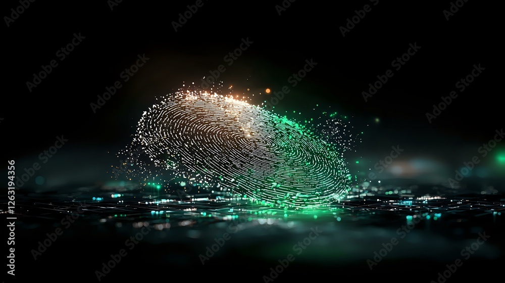 Poster digital fingerprint transforming into glowing green particles on dark background with bokeh effect, 