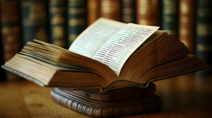 Obraz premium Open antique book on stand, library background; education, reading concept