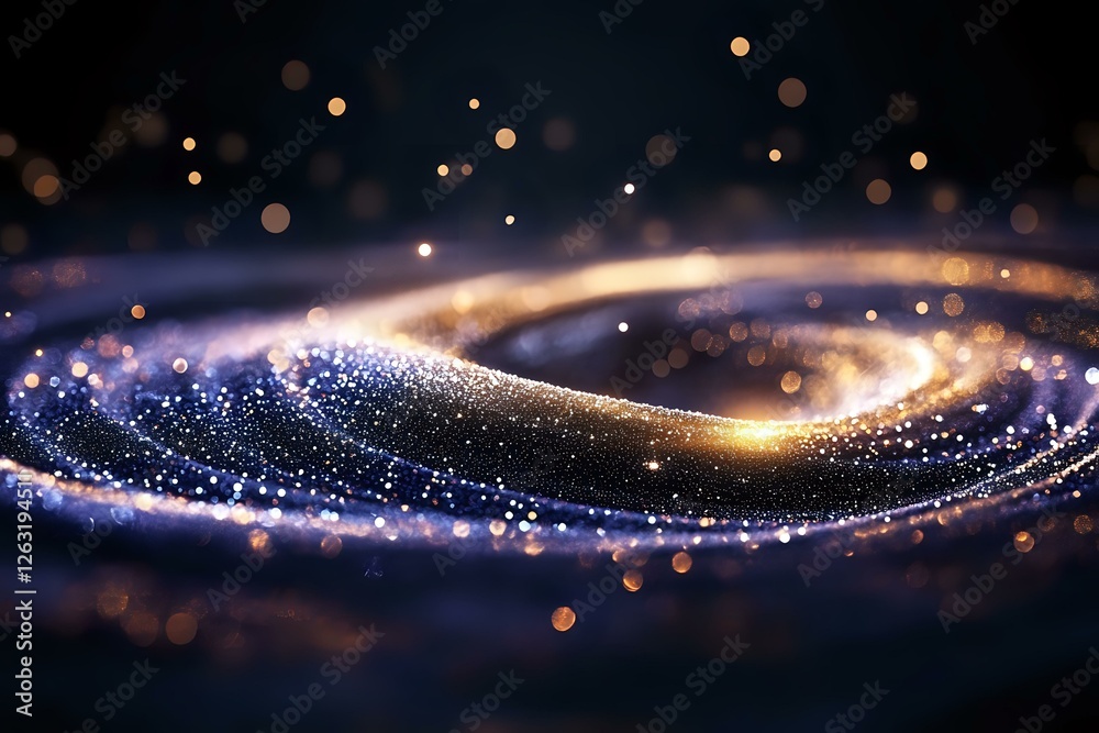 Poster magical glowing wave of sparkling particles flowing in dark space with golden light streaks and boke