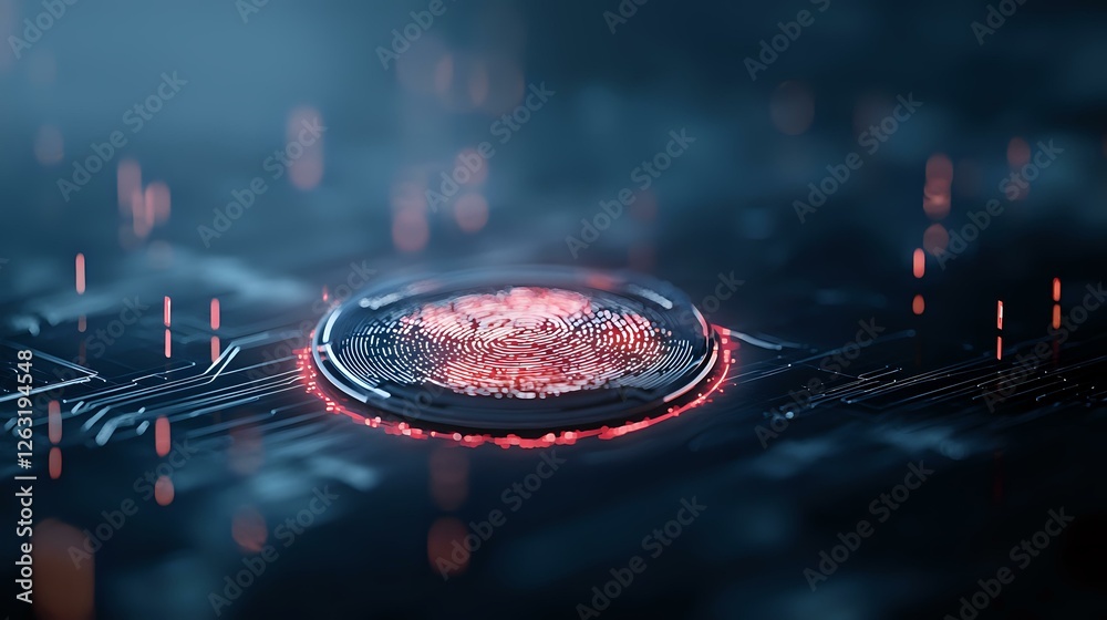 Poster futuristic digital fingerprint scanning technology with red glowing circle interface against dark ba