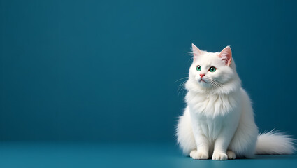 White fluffy cat on a dark blue background, blank for advertising or announcement with copy space