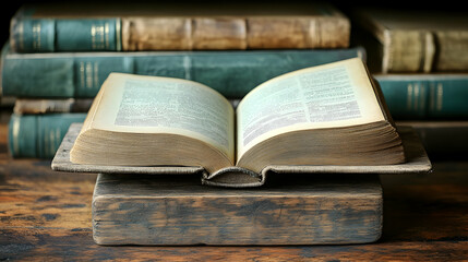 Obraz premium Open antique book on wooden stand, old books background, reading, knowledge