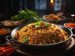 Fototapeta premium A steaming plate of Indonesian Nasi Goreng, garnished with fresh herbs and spices, served in a cozy setting with traditional flavors. Generative AI