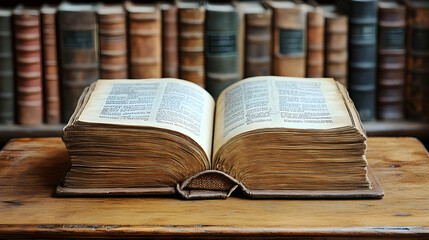Obraz premium Open antique book on wooden table, library background; education, history, research