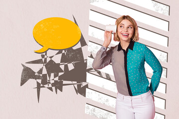 Trend artwork creative sketch photo collage of network message communication app bubble young lady...