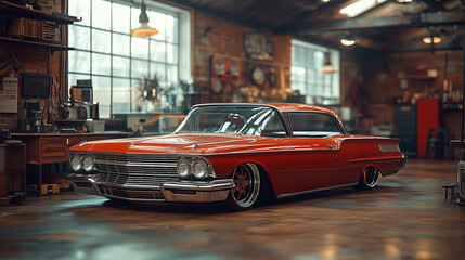 Fototapeta premium Classic orange car displayed in a vintage workshop with natural lighting during the day. Generative AI