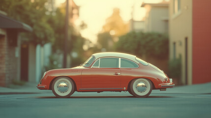 Fototapeta premium Classic red sports car parked on a quiet street under warm sunset light in a charming neighborhood setting. Generative AI