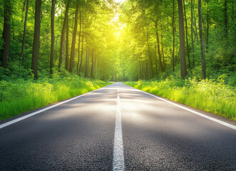 Fototapeta premium A serene road through a lush forest, bathed in soft sunlight. 