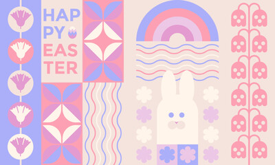 Happy Easter Geometric minimalistic background. Easter egg, Easter bunny, flowers. Modern abstract pattern in pastel colors . Fashionable design for posters, banners, postcards, covers