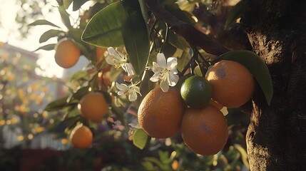 Vibrant Citrus Fruits Growing on Branch