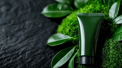 Dark green cosmetic tube on moss and leaves background with copy space, natural organic skincare product packaging for beauty and spa industry.