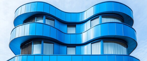 Modern blue building with curved balconies and windows.