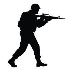 Black Silhouette of an Armed Soldier Holding a Rifle in Combat Stance  
