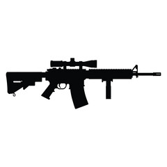 Black Silhouette of an Assault Rifle with Scope on White Background