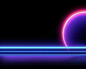 Fototapeta premium Vibrant neon sunset with glowing lines and a dark background for a retro aesthetic.