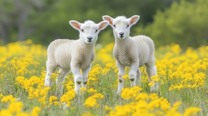Fototapeta premium Two adorable lambs in a field of yellow flowers