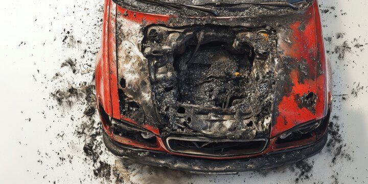 A charred red sedan, crusted with grime and detritus, leans left. Its mangled front tells a silent tale of fire's wrath, evoking both destruction and resilience in its ruinous state