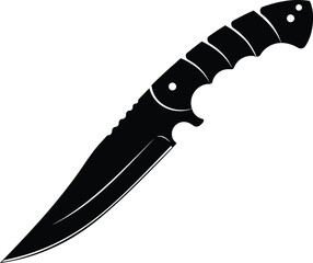 Black Silhouette of a Tactical Combat Knife with Sharp Blade on White Background 