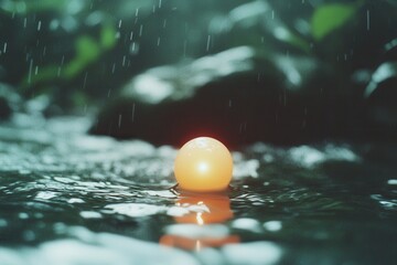 A glowing yellow orb floats on a rain-soaked surface, surrounded by lush greenery and dark stones, creating a serene, mystical atmosphere.