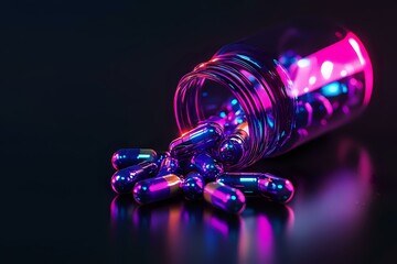 Medical capsules spilling from glass bottle in neon pink and blue lighting against dark background, creating futuristic pharmaceutical atmosphere.