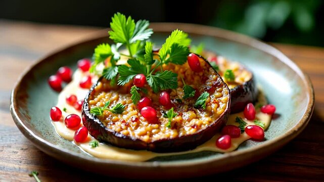 Grilled eggplant slices topped with a flavorful bulgur mixture, garnished with pomegranate seeds and fresh parsley, served on a creamy sauce for a gourmet vegetarian dish