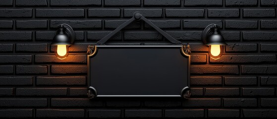Vintage signboard design with illuminated lamps on a textured brick wall.