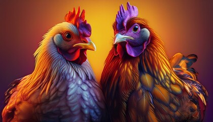 Fototapeta premium Close-up portrait of two chickens staring intensely, International Respect for Chickens Month, wallpaper