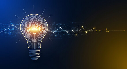 Creative inspiration is illuminated by a lightbulb with a glowing gear, connected to a network against a dark background