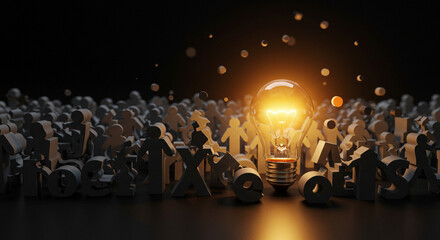 The dark background highlights the illuminated lightbulb, with its glowing gear and connected network, symbolizing creative inspiration