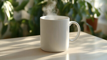 Steaming coffee mug on table, sunlight, plants. Use Relaxation, morning routine