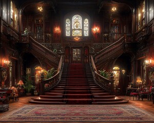 Fototapeta premium Grand mansion interior with a sweeping double staircase, stained glass window, and ornate wood detailing.
