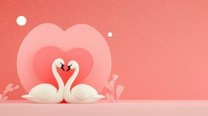Fototapeta premium A couple of white swans embrace in a pink heart, set against a starry night sky.