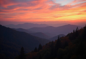 Fototapeta premium Mountain Range at Sunset with Colorful Sky and Silhouette Trees