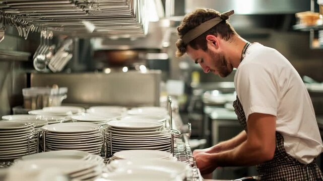 Chef arranging plates in restaurant kitchen