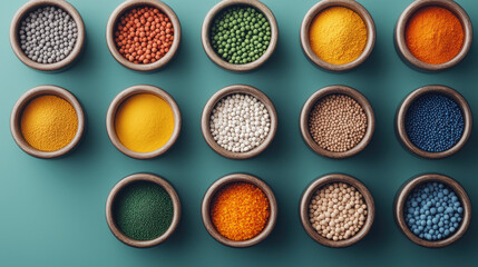 Colorful spices in wooden bowls arranged in grid on teal background, showcasing variety of textures and hues. This vibrant display highlights beauty of culinary ingredients
