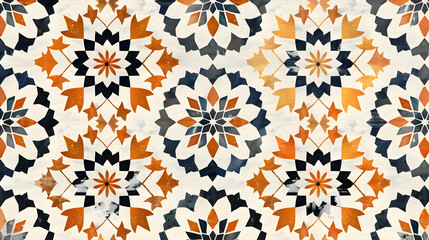Intricate geometric pattern featuring warm orange and navy blue floral designs on a light background