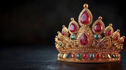 Obraz premium Ornate Gold Crown with Rubies and Emeralds on Dark Background.